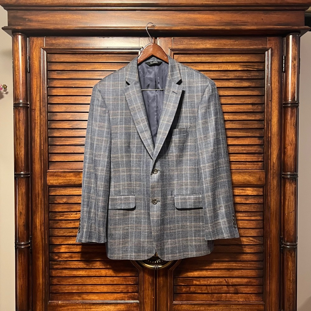 Jos A Bank Signature Blazer Men 42R Wool Silk Linen Plaid Sport Coat Blue Gray